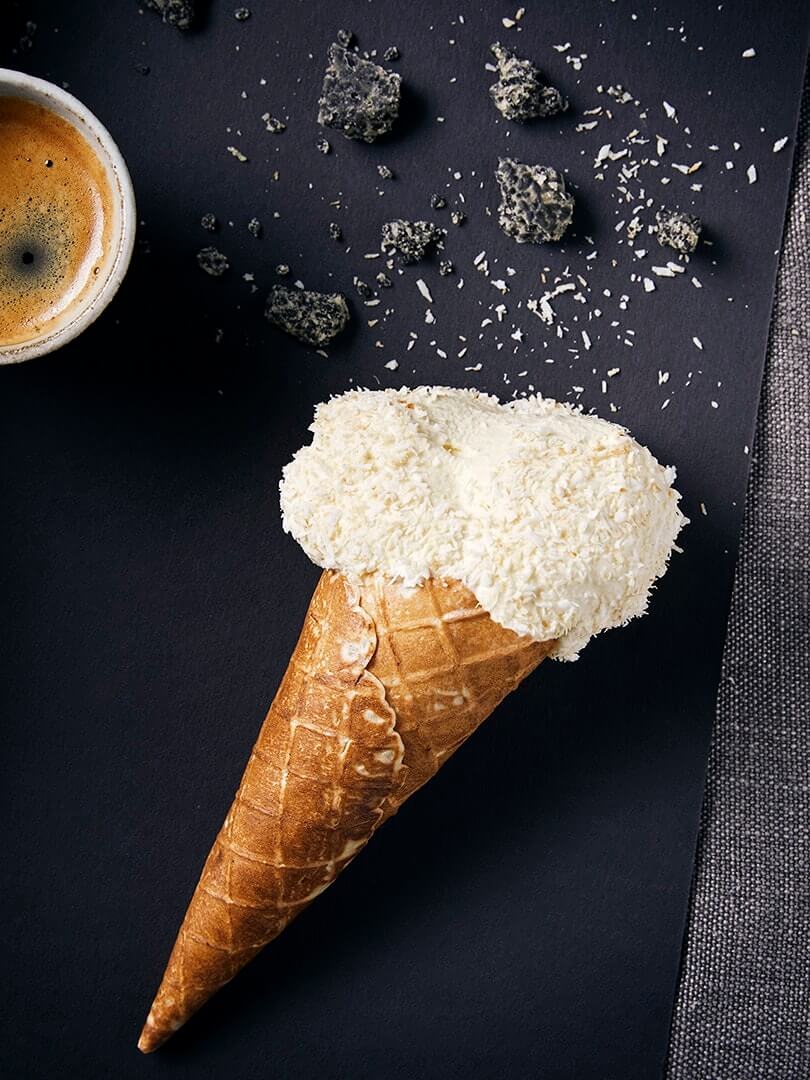 Toasted rice ice-cream in a wafer cone. Elsa Young Photography.